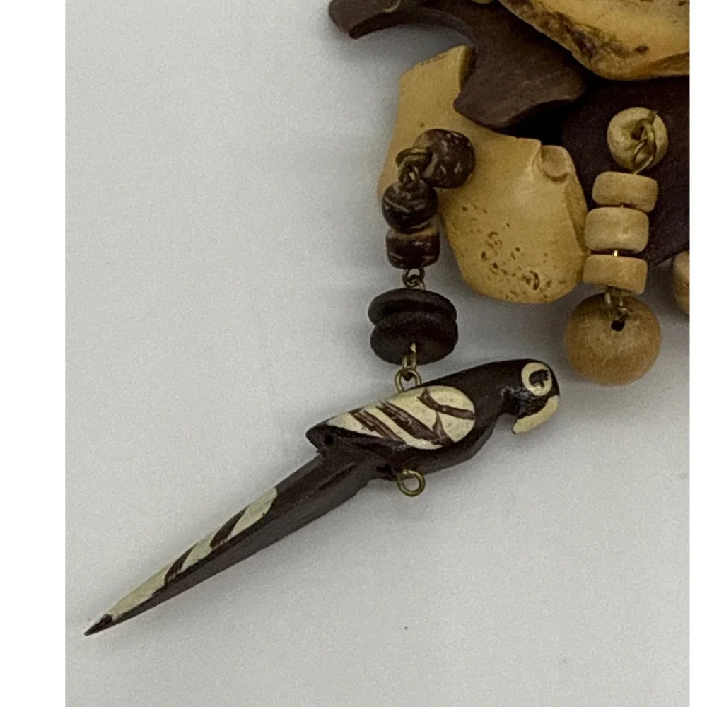 Vintage Tropical Wood Parrot‎ Barrette Beaded Bird Hair Clip Brown Cream Boho